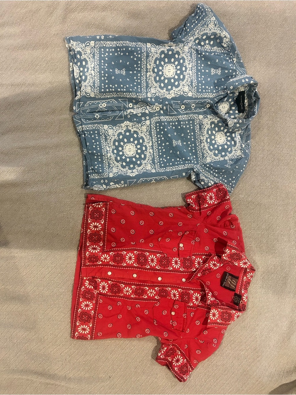 Vintage Blue and Red Bandana Print Button-Down Tops - Women